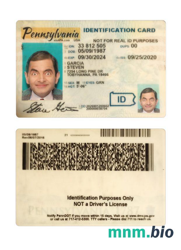 Przykład karty identyfikacyjnej stanu Pensylwania (USA) w formacie PSD, w pełni edytowalny